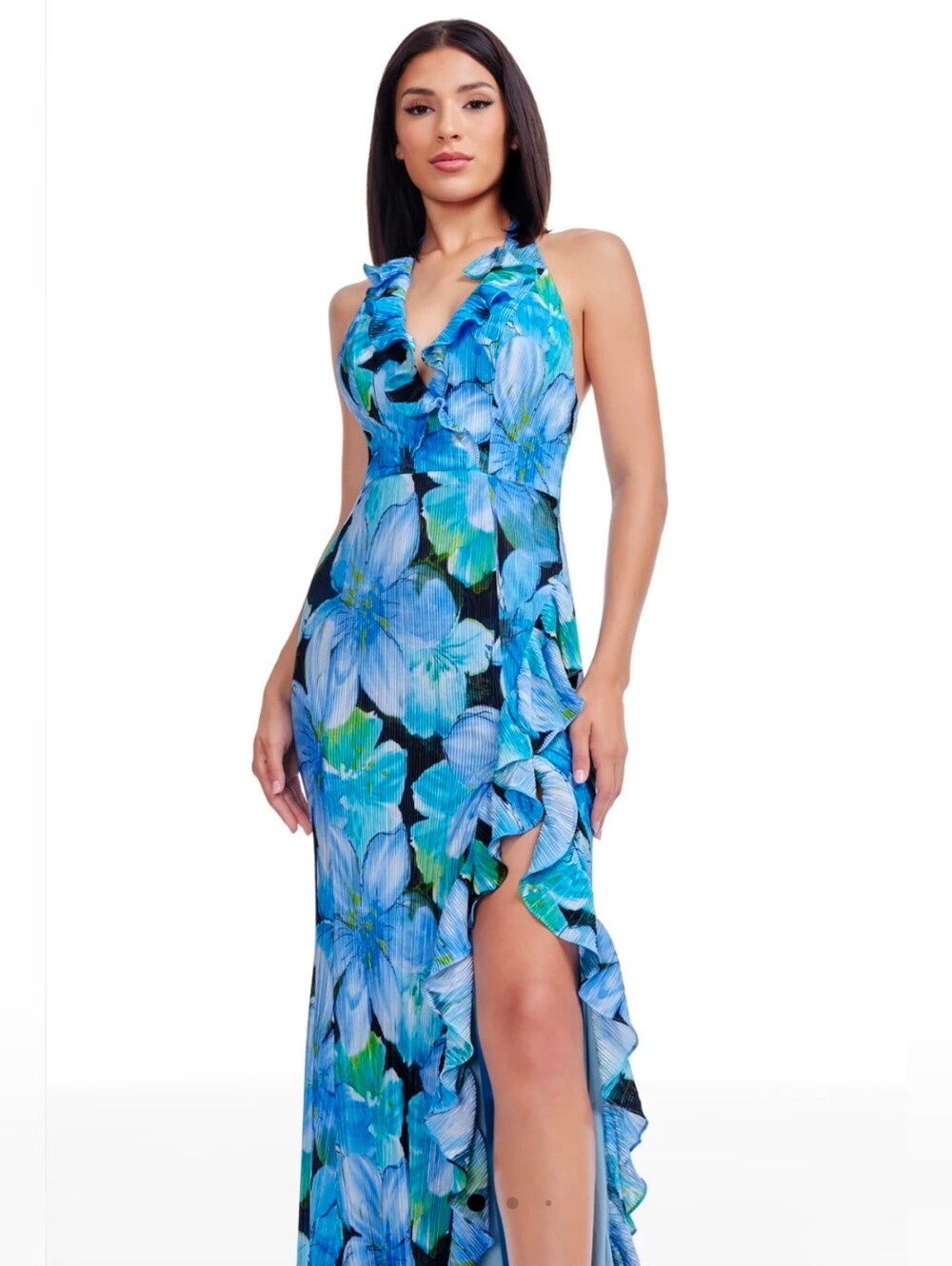 Dress the Population Blue & Green Floral Halter Maxi Dress Xl